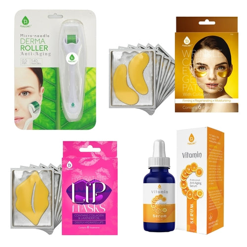 Ultimate Skincare Bundle: Vitamin C Serum, Eye Gel Patches, Lip Masks & Derma Roller