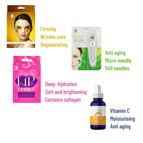 Ultimate Skincare Bundle: Vitamin C Serum, Eye Gel Patches, Lip Masks & Derma Roller
